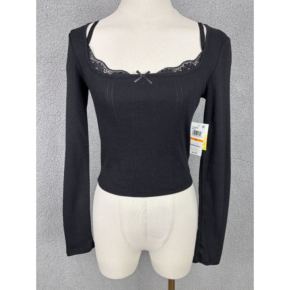 Sugar Moon Juniors' Women's Layered-Look Pointelle Knit Top Black Size Small NWT